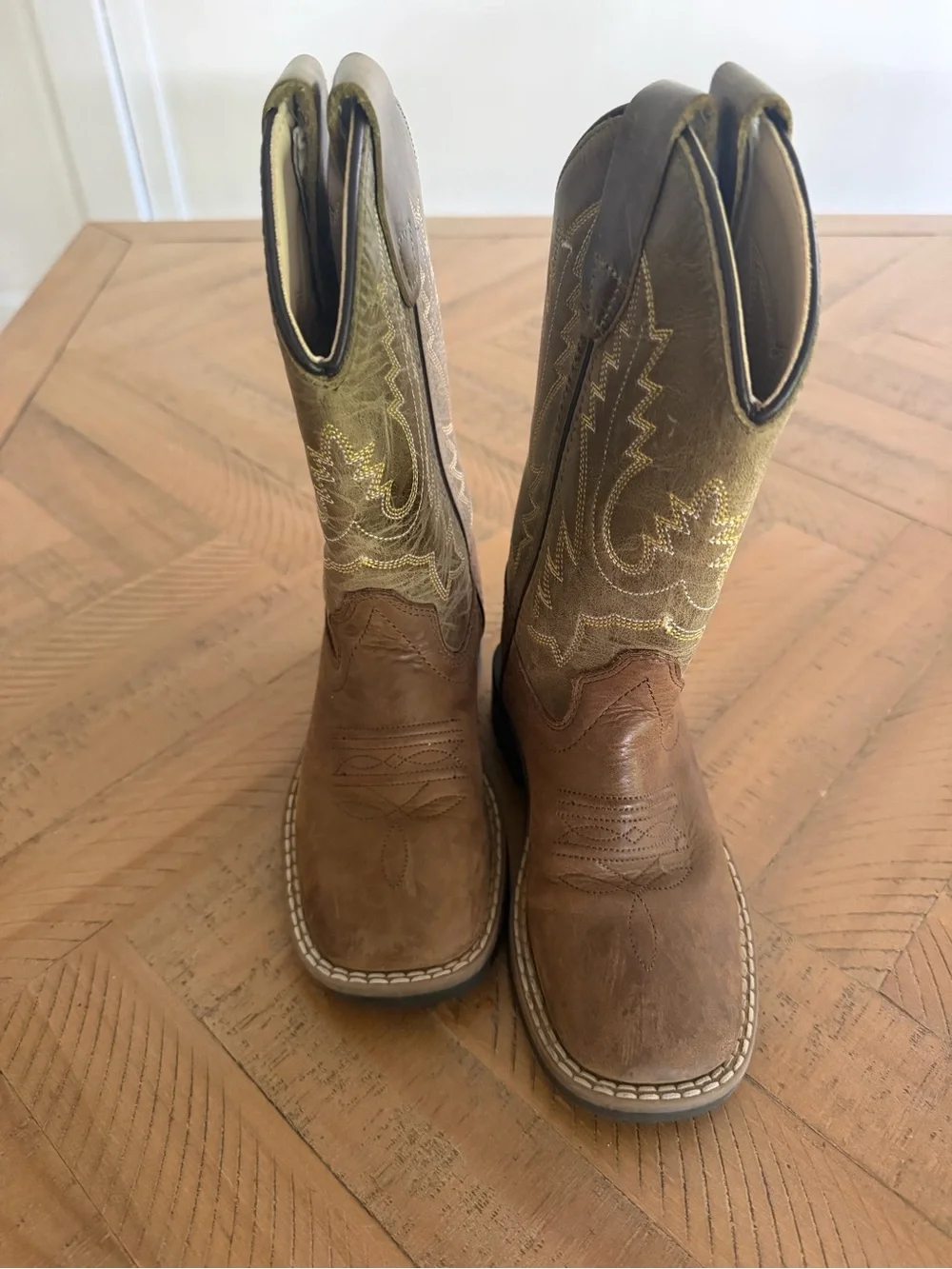 Kids Brown Leather Western Cowboy Boots with Olive Stitching